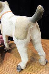 RARE ANTIQUE LATE 1800'S MOLDED CARDBOARD SPOTTED DOG W/GLASS EYES ON WHEELS